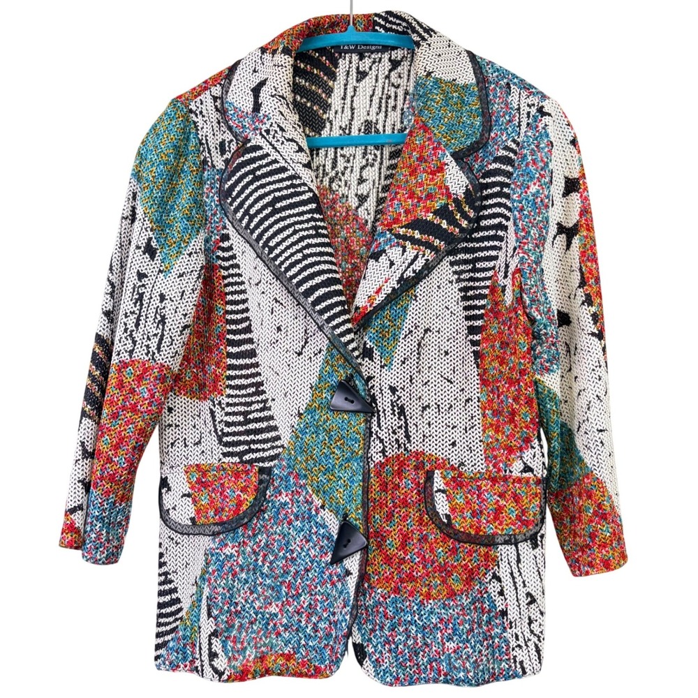T&W Designs Small Multi Color Blazer Abstract Open Knit Art To Wear Jacket‎ VTG